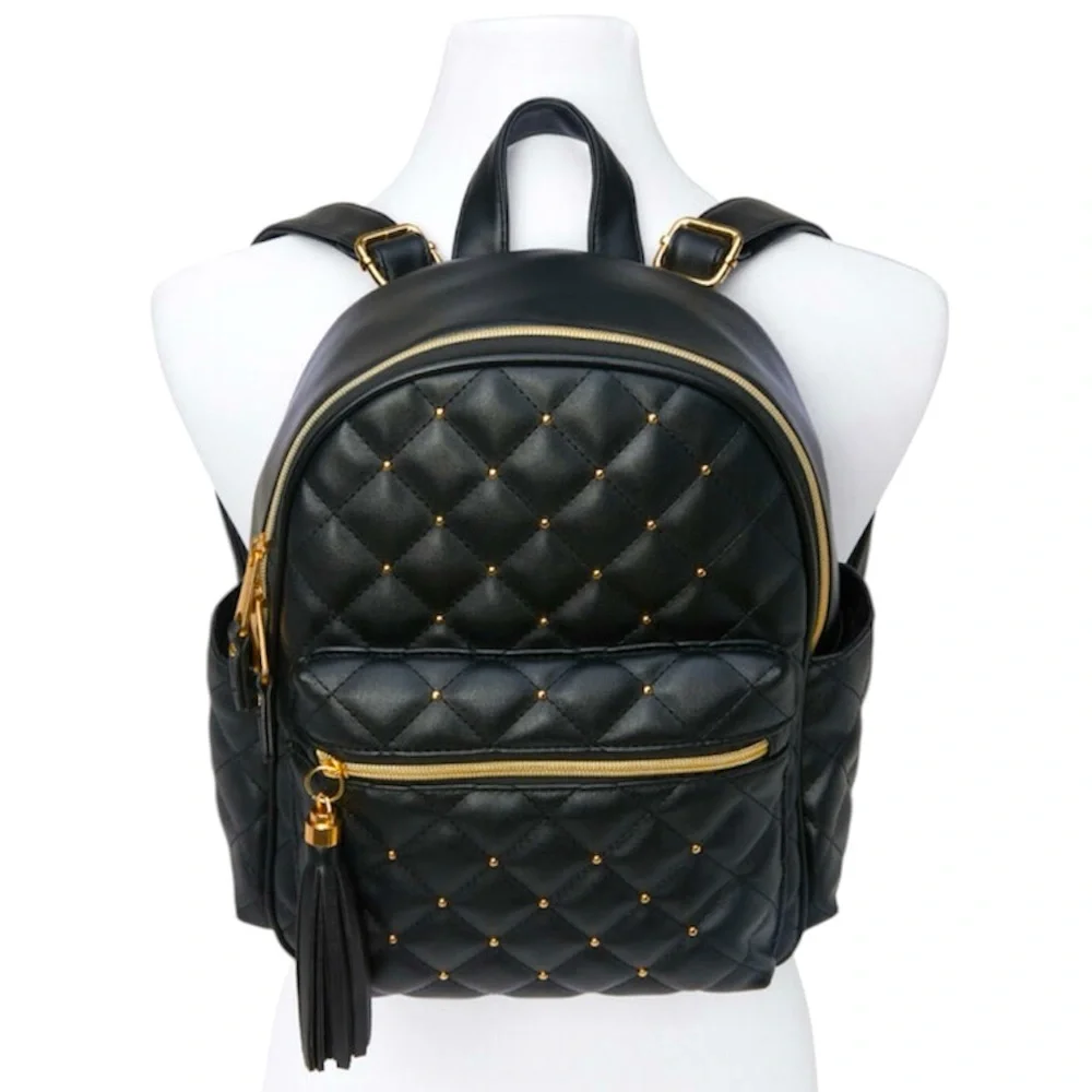 Black Faux Leather Gold Pearl Studded Backpack - NWT
